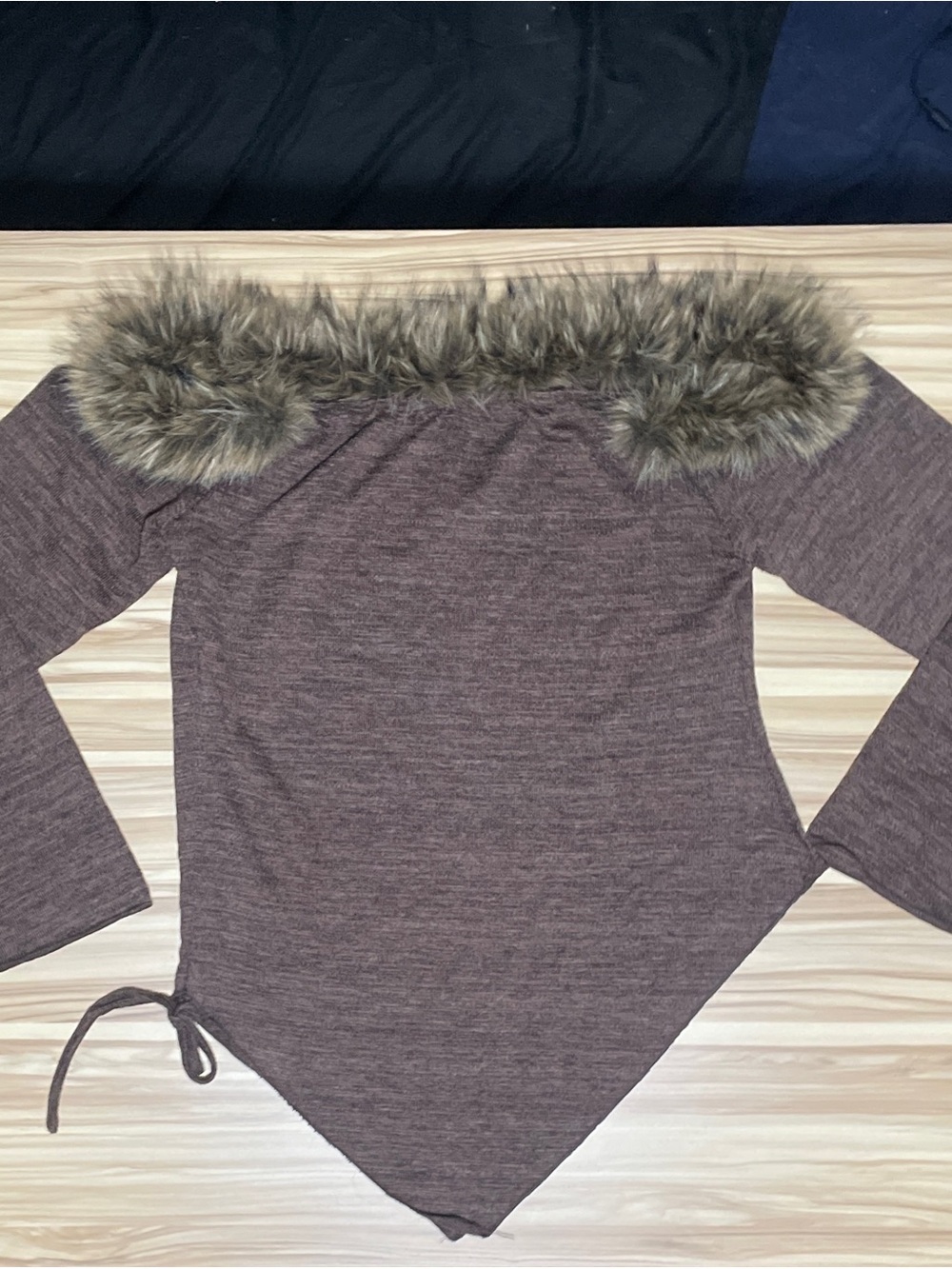 SHEIN Brown Heathered Off-Shoulder Sweater with Faux Fur Trim
